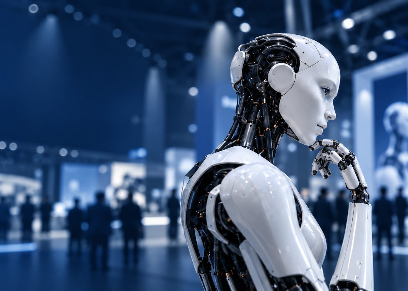 A humanoid robot standing in an exhibition hall.