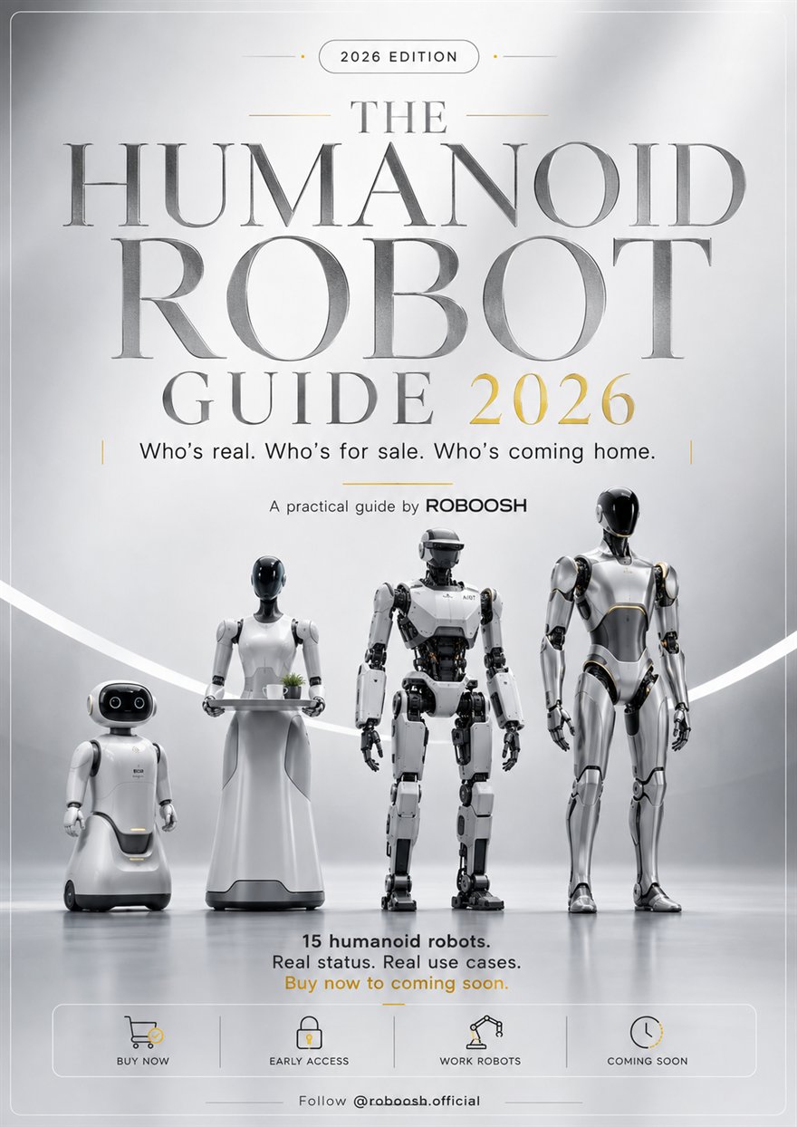 Cover of The Humanoid Robot Guide 2026 by Roboosh — who&rsquo;s real, who&rsquo;s for sale, who&rsquo;s coming home.