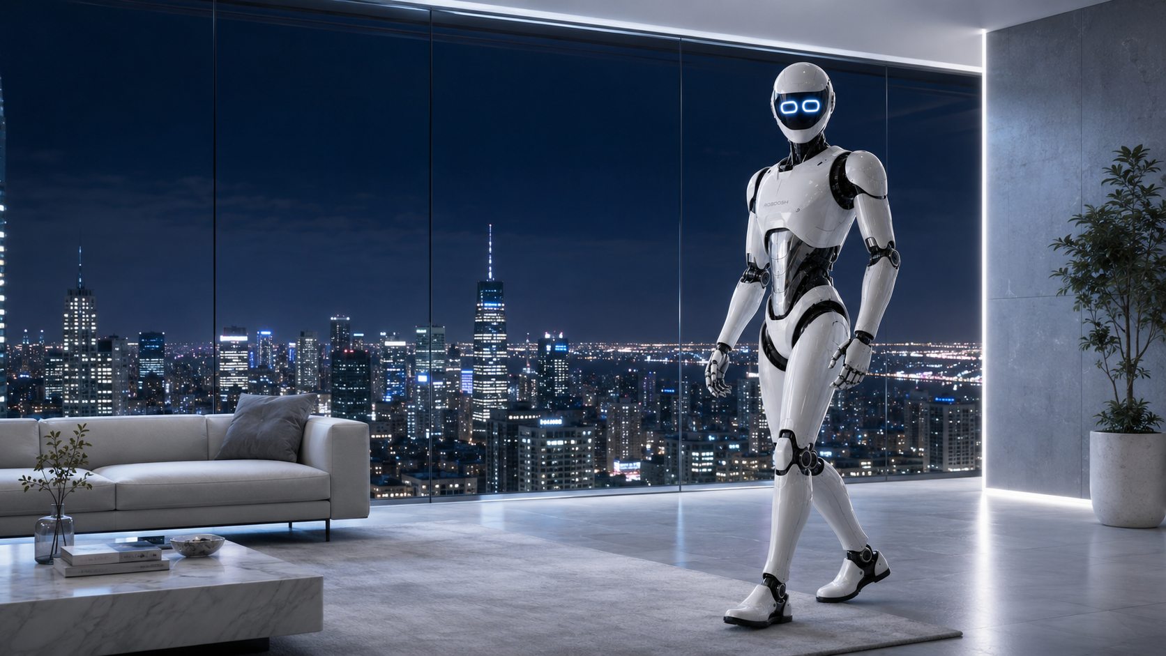 A humanoid robot walking through a contemporary apartment at night, city skyline behind the glass.